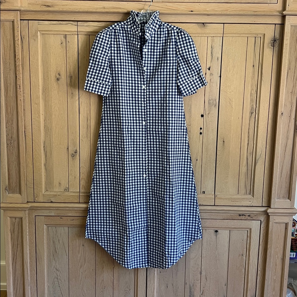 Blue gingham long dress.  Button down with ruffled stand up collar.  Size M